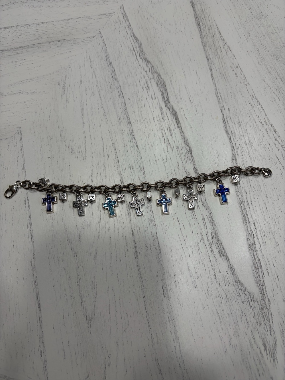 Brighton Silver Cross Charm Bracelet with Blue Accents - Women Jewelry
